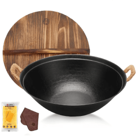 WANGYUANJI 14.2 Handmade Wok, Cast Iron Wok Pan, Large Flat Bottom Wok Stir With Dual Handle And Wooden Lid, Suitable For All Cooktops, Uncoated (Color: Black)