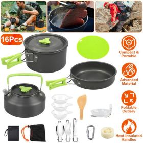 16Pcs Camping Cooking Ware Set Camping Stove Cookware Kit Aluminum Pot Pan Kettle Set With Bowls Knife Fork Spoon Carabiner Spatula Cutting Board (Color: as picture)